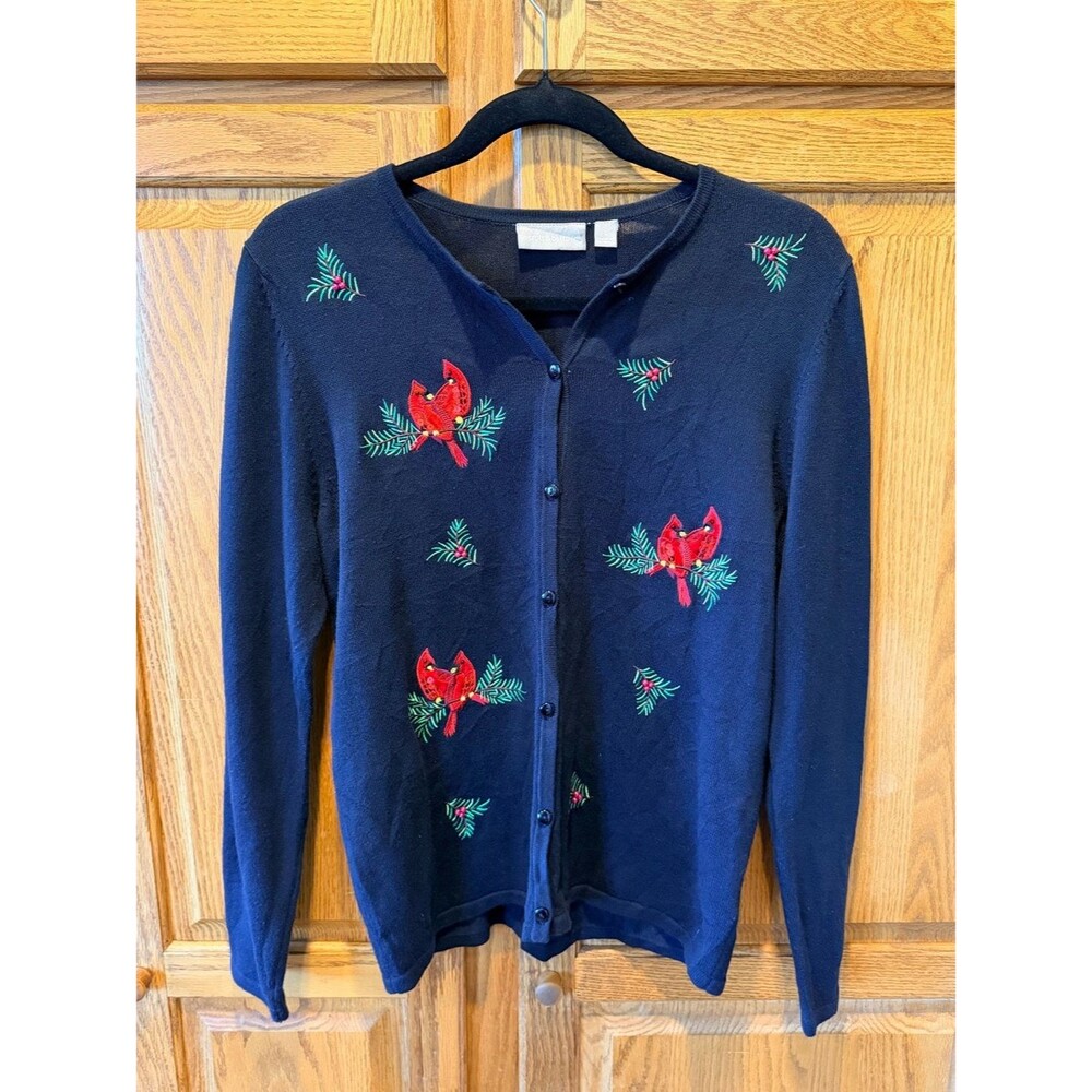 croft & barrow Black Cardigan with Red Cardinal Embroidery S festive holiday